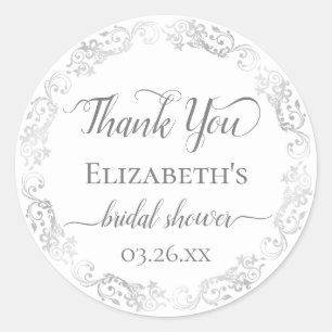 Silver Lace Grey on White Bridal Shower Thank You Classic Round Sticker