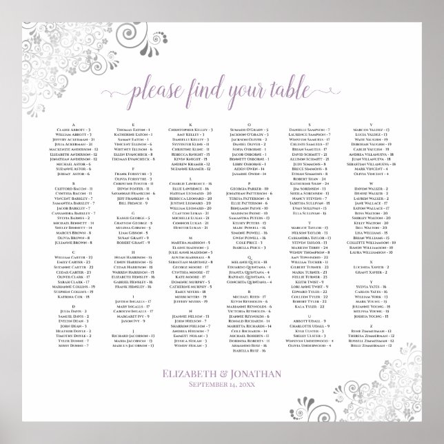 Silver Lace Lavender Alphabetical Seating Chart (Front)