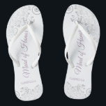 Silver Lace & Lavender Maid of Honour Wedding Thongs<br><div class="desc">These beautiful wedding flip flops are a great way to thank and recognise your Maid of Honour while saving her feet at the same time. Features an elegant design with silver grey lace on a white background and fancy dusty purple or lavender script lettering. The test reads Maid of Honour...</div>