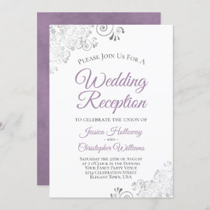 Silver Lace Lavender on White Wedding Reception Invitation