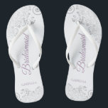 Silver Lace & Lavender Script Bridesmaid Wedding Thongs<br><div class="desc">These elegant wedding flip flops are a great way to thank and recognise your bridesmaids, while giving their feet a rest after a long day. The beautiful design features an elegant design with silver grey lace frills on a white background and fancy dusty purple or lavender script lettering. The text...</div>