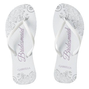 Silver Lace & Lavender Script Bridesmaid Wedding Thongs