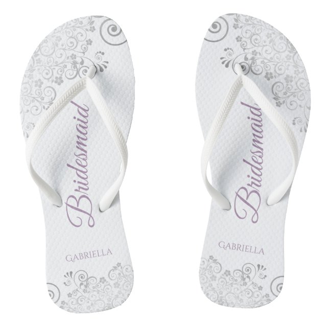 Silver Lace & Lavender Script Bridesmaid Wedding Thongs (Footbed)