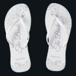 Silver Lace & Lavender Script The Bride Wedding Thongs<br><div class="desc">Dance the night away with these beautiful wedding flip flops. Designed for the bride, they feature a simple yet elegant design with dusty purple or lavender script lettering on a white background and fancy silver grey lace curls and swirls. Beautiful way to stay fancy and appropriate while giving your feet...</div>