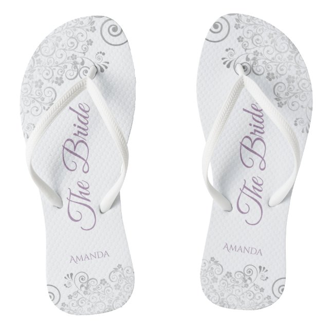 Silver Lace & Lavender Script The Bride Wedding Thongs (Footbed)