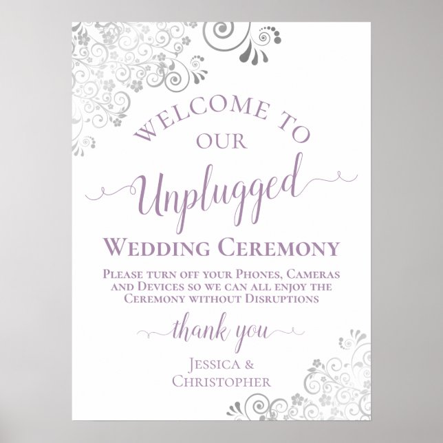 Silver Lace Lavender Unplugged Wedding Ceremony Poster (Front)