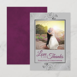 Silver Lace Magenta & Gray Love & Thanks Wedding Thank You Card