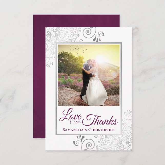 Silver Lace Magenta & White Love & Thanks Wedding Thank You Card (Front/Back)