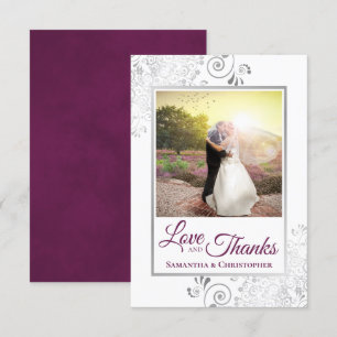 Silver Lace Magenta & White Love & Thanks Wedding Thank You Card