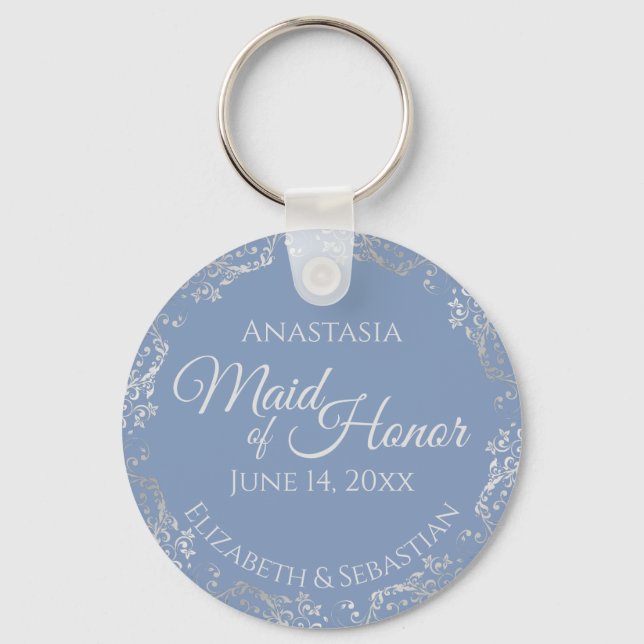 Silver Lace Maid of Honour Periwinkle Blue Wedding Key Ring (Front)