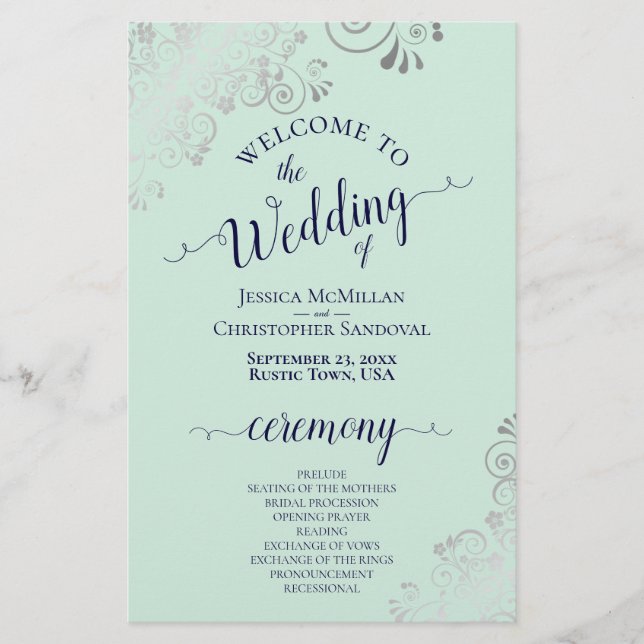 Silver Lace Mint & Navy Budget Wedding Program (Front)