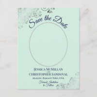 Silver Lace Mint Navy Wedding Save the Date Photo