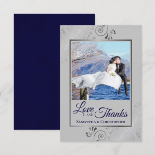 Silver Lace Navy Blue & Gray Love & Thanks Wedding Thank You Card