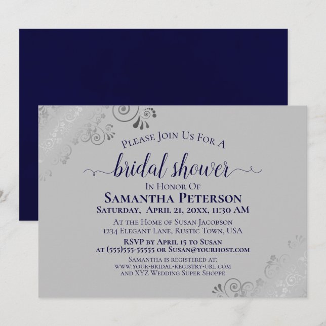 Silver Lace Navy Blue & Grey Elegant Bridal Shower Invitation (Front/Back)