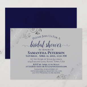 Silver Lace Navy Blue & Grey Elegant Bridal Shower Invitation