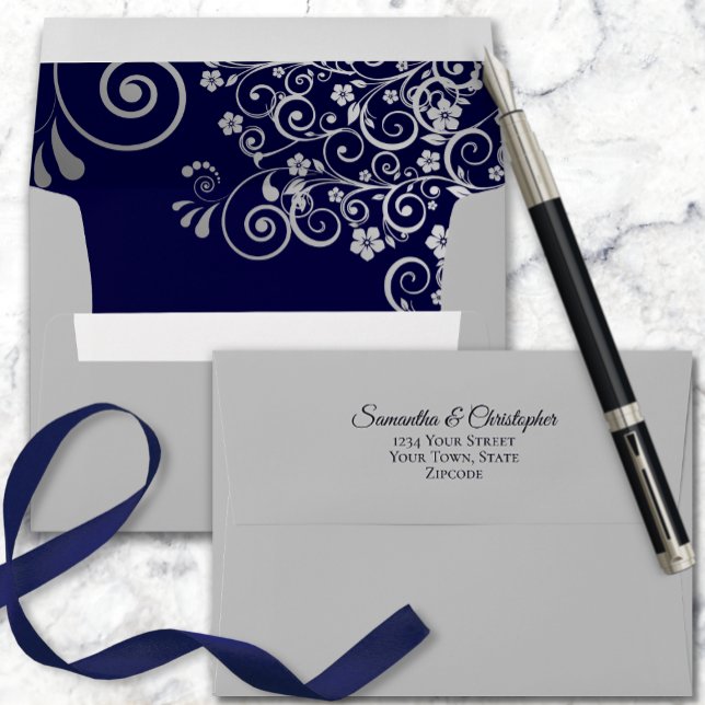 Silver Lace Navy Blue Inside Elegant Grey Wedding Envelope (Creator Uploaded)
