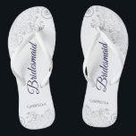 Silver Lace Navy Blue on White Bridesmaid Wedding Thongs<br><div class="desc">These elegant wedding flip flops are a great way to thank and recognise your bridesmaids, while giving their feet a rest after a long day. The beautiful design features an elegant design with silver grey lace frills on a white background and fancy navy blue coloured script lettering. The text reads...</div>