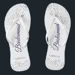 Silver Lace Navy Blue on White Bridesmaid Wedding Thongs<br><div class="desc">These elegant wedding flip flops are a great way to thank and recognise your bridesmaids, while giving their feet a rest after a long day. The beautiful design features an elegant design with silver grey lace frills on a white background and fancy navy blue coloured script lettering. The text reads...</div>