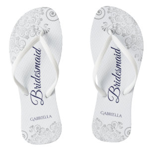 Silver Lace Navy Blue on White Bridesmaid Wedding Thongs