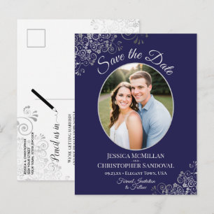 Silver Lace Navy Blue Wedding Save the Date Photo Announcement Postcard