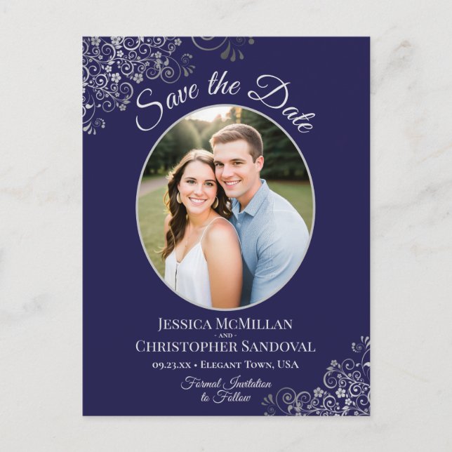 Silver Lace Navy Blue Wedding Save the Date Photo Announcement Postcard (Front)