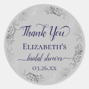 Silver Lace Navy on Grey Bridal Shower Thank You Classic Round Sticker