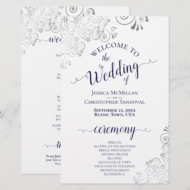 Silver Lace Navy on White Budget Wedding Program (Front/Back)