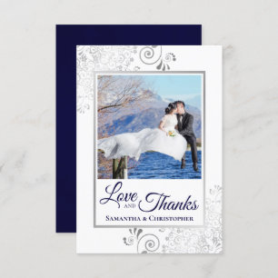 Silver Lace Navy on White Love & Thanks Wedding Thank You Card
