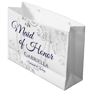 Silver Lace Navy on White Maid of Honour Wedding Large Gift Bag
