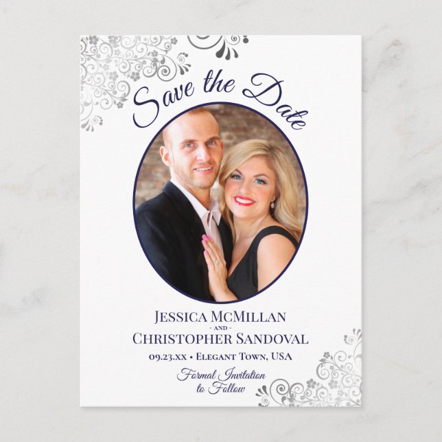 Silver Lace Navy White Wedding Save the Date Photo Announcement Postcard (Front)