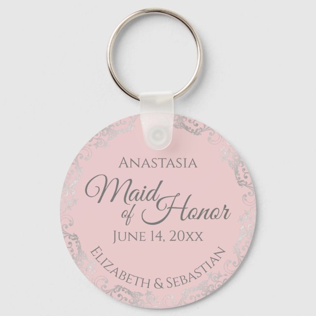 Silver Lace on Blush Pink Maid of Honour Wedding Key Ring (Front)