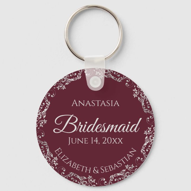 Silver Lace on Burgundy Bridesmaid Wedding Key Ring (Front)