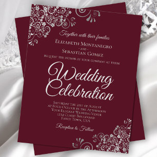 Silver Lace on Burgundy Budget Wedding Invitation