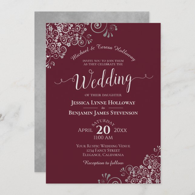 Silver Lace on Burgundy Elegant Formal Wedding Invitation (Front/Back)