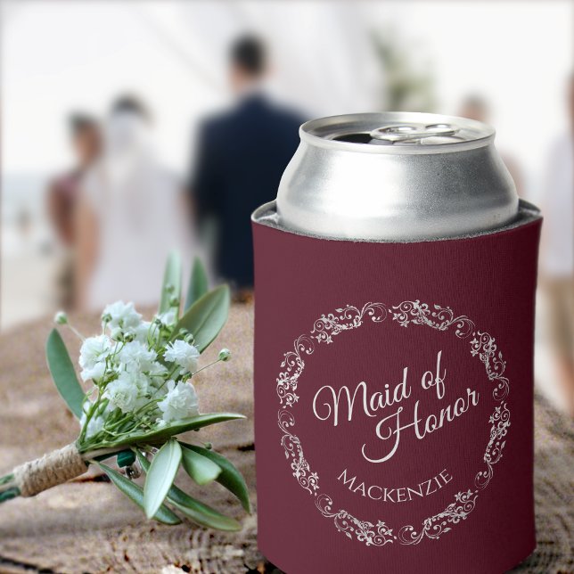 Silver Lace on Burgundy Maid of Honour Wedding Can Cooler (Creator Uploaded)