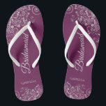 Silver Lace on Cassis Purple Bridesmaid Wedding Thongs<br><div class="desc">These elegant wedding flip flops are a great way to thank and recognize your bridesmaids, while giving their feet a rest after a long day. The beautiful design features an elegant design with silver gray lace frills on a cassis purple, magenta, or berry colored background and fancy pale gray script...</div>