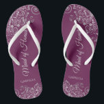 Silver Lace on Cassis Purple Maid of Honor Wedding Thongs<br><div class="desc">These beautiful wedding flip flops are a great way to thank and recognize your Maid of Honor while saving her feet at the same time. Features an elegant design with silver gray lace on a cassis purple, magenta, or berry colored background and fancy script lettering. The test reads Maid of...</div>