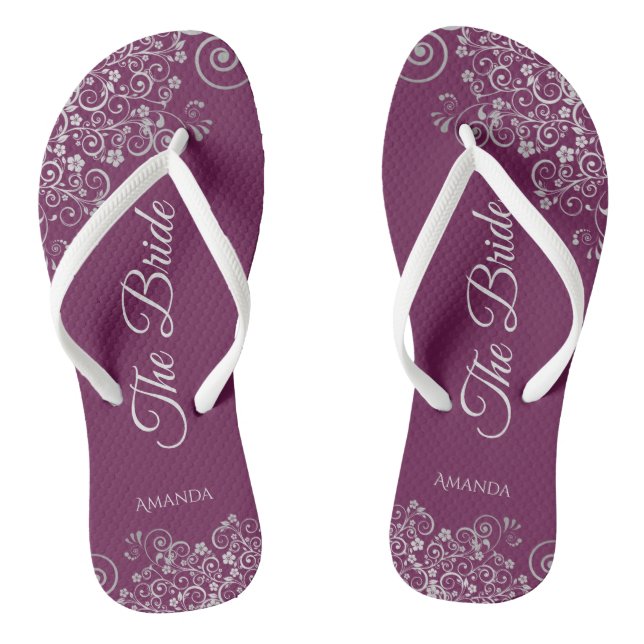 Silver Lace on Cassis Purple The Bride Wedding Thongs (Footbed)