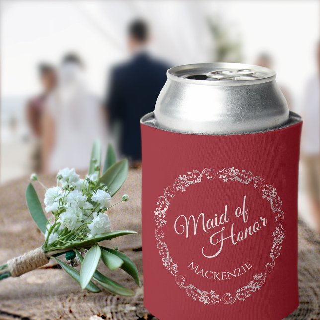 Silver Lace on Crimson Red Maid of Honour Wedding Can Cooler (Creator Uploaded)