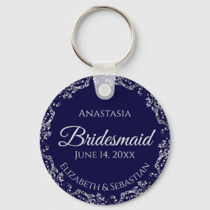 Silver Lace on Navy Blue Bridesmaid Wedding Key Ring