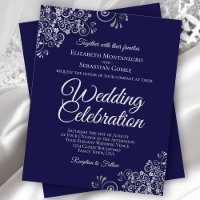Silver Lace on Navy Blue BUDGET Wedding Invitation