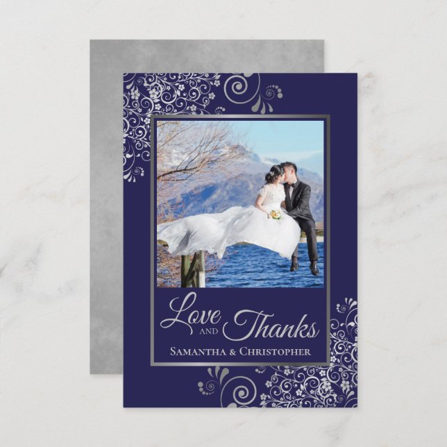 Silver Lace on Navy Blue Love & Thanks Wedding Thank You Card (Front/Back)