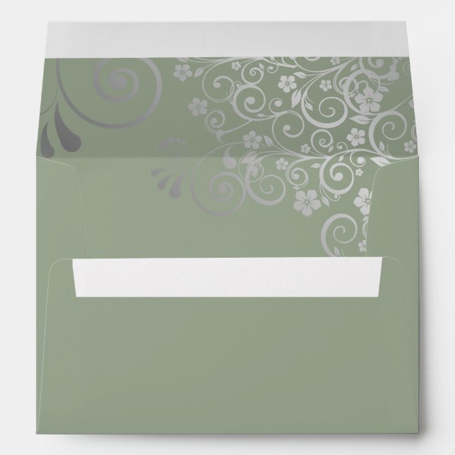 Silver Lace on Sage Green Elegant Wedding Envelope (Back (Bottom))