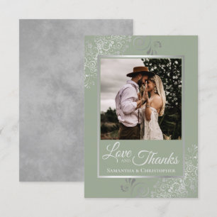 Silver Lace on Sage Green Love & Thanks Wedding Thank You Card