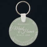 Silver Lace on Sage Green Maid of Honour Wedding Key Ring<br><div class="desc">These beautiful keychains are designed to be given as a gift or wedding favour to your maid of honour. The elegant design features a frilly silver grey faux foil border with pale grey text on a sage green background. There is space for her name, the wedding date and the names...</div>