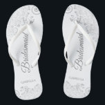 Silver Lace on White Elegant Bridesmaid Wedding Thongs<br><div class="desc">These elegant wedding flip flops are a great way to thank and recognise your bridesmaids, while giving their feet a rest after a long day. The beautiful design features an elegant design with silver grey lace frills on a white background and fancy grey script lettering. The text reads Bridesmaid with...</div>