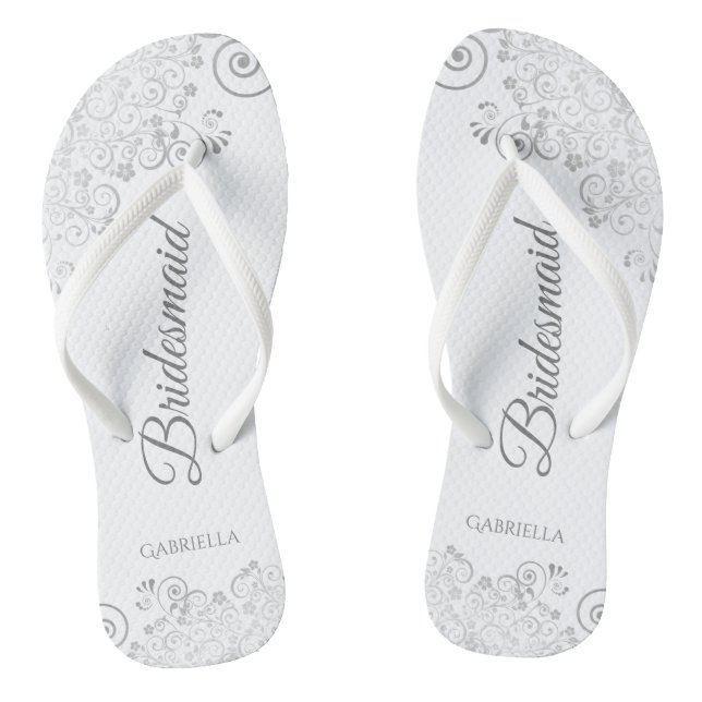 Silver Lace on White Elegant Bridesmaid Wedding Thongs (Footbed)