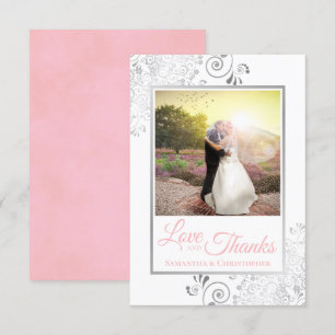 Silver Lace Pink on White Love & Thanks Wedding Thank You Card