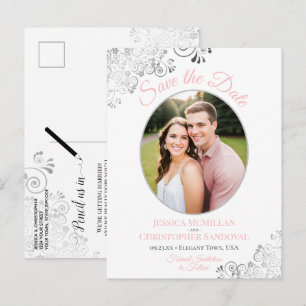 Silver Lace Pink White Wedding Save the Date Photo Announcement Postcard