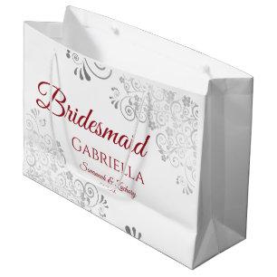 Silver Lace Red on White Bridesmaid Wedding Large Gift Bag